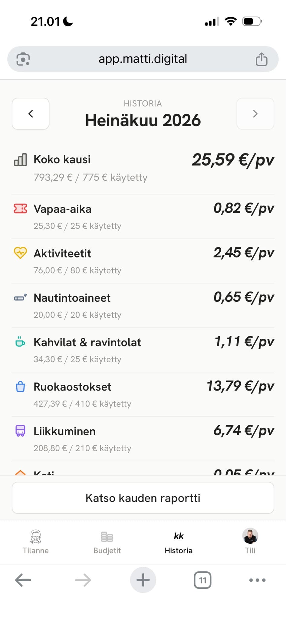Päättyneen palkkakauden yhteenveto Matin Historia-näkymässä