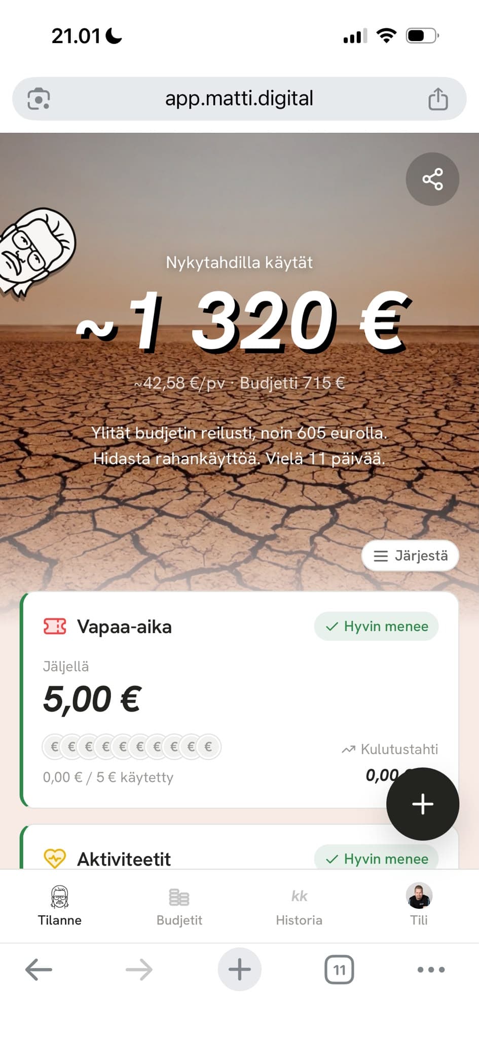 Matin tilannenäkymä varoittaa punaisella, kun kulutustahti ylittää palkkakauden käyttörahan reilusti