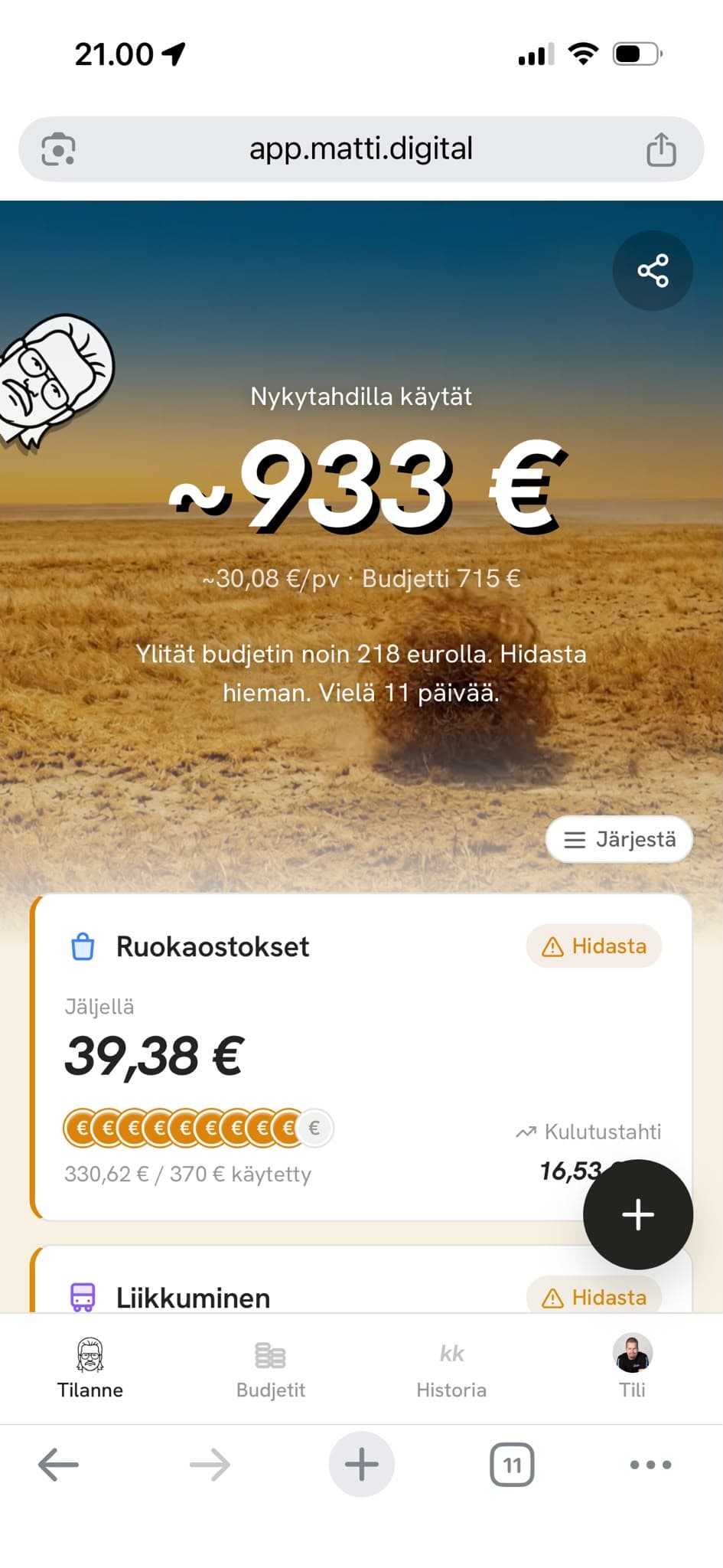 Matti-sovelluksen tilannenäkymä selaimessa osoitteessa app.matti.digital
