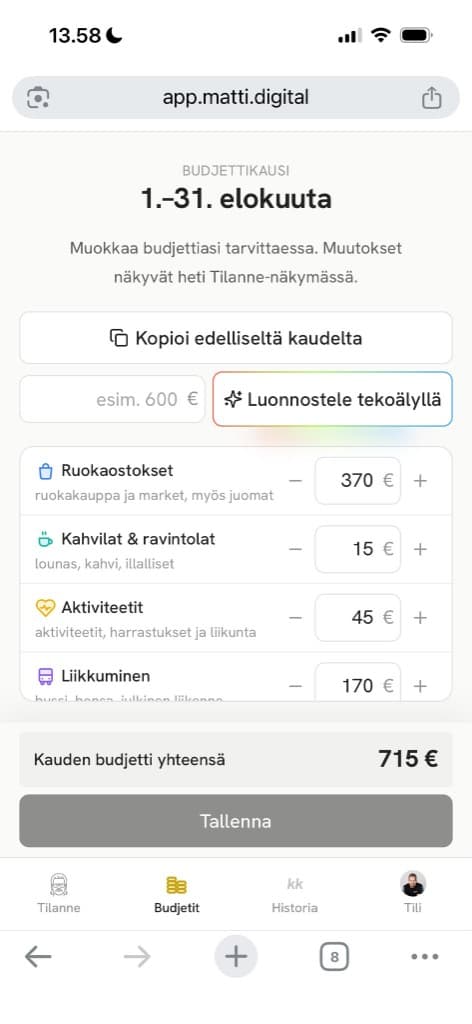 Matin budjettinäkymä: kategoriakohtaiset summat ja kauden budjetti yhteensä